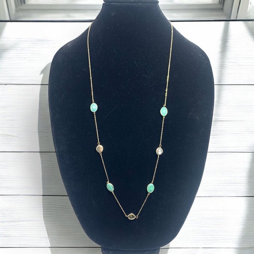 Vivace Gold Tone Station Necklace With Green Bezel Set Stones 34"L With 2.5" Ext